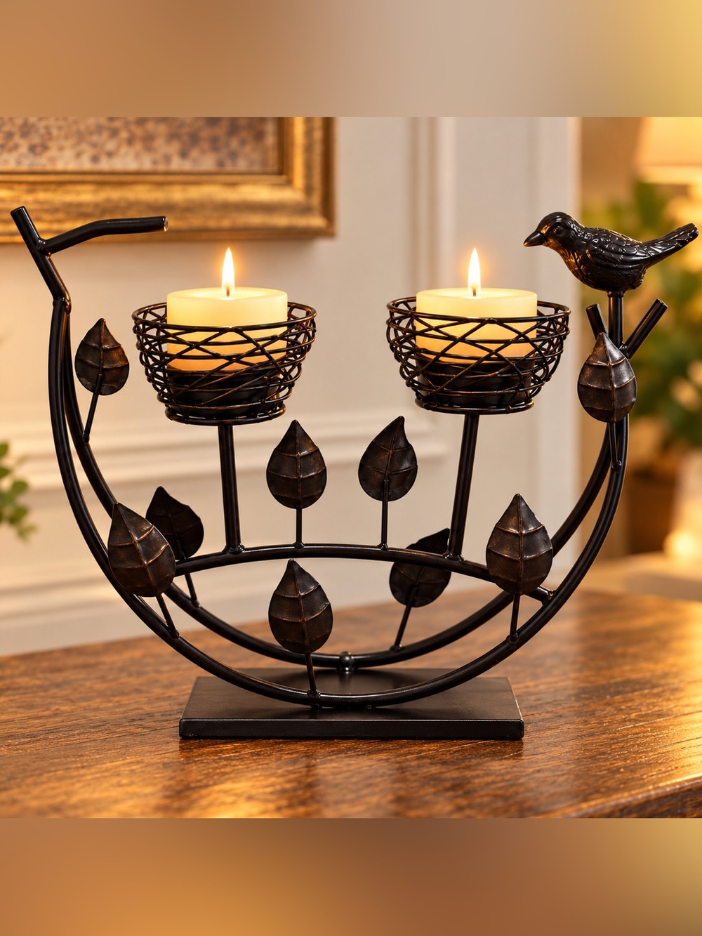 HD Designs 22” Black Bird Leaf Metal Candle Holder Centerpiece
